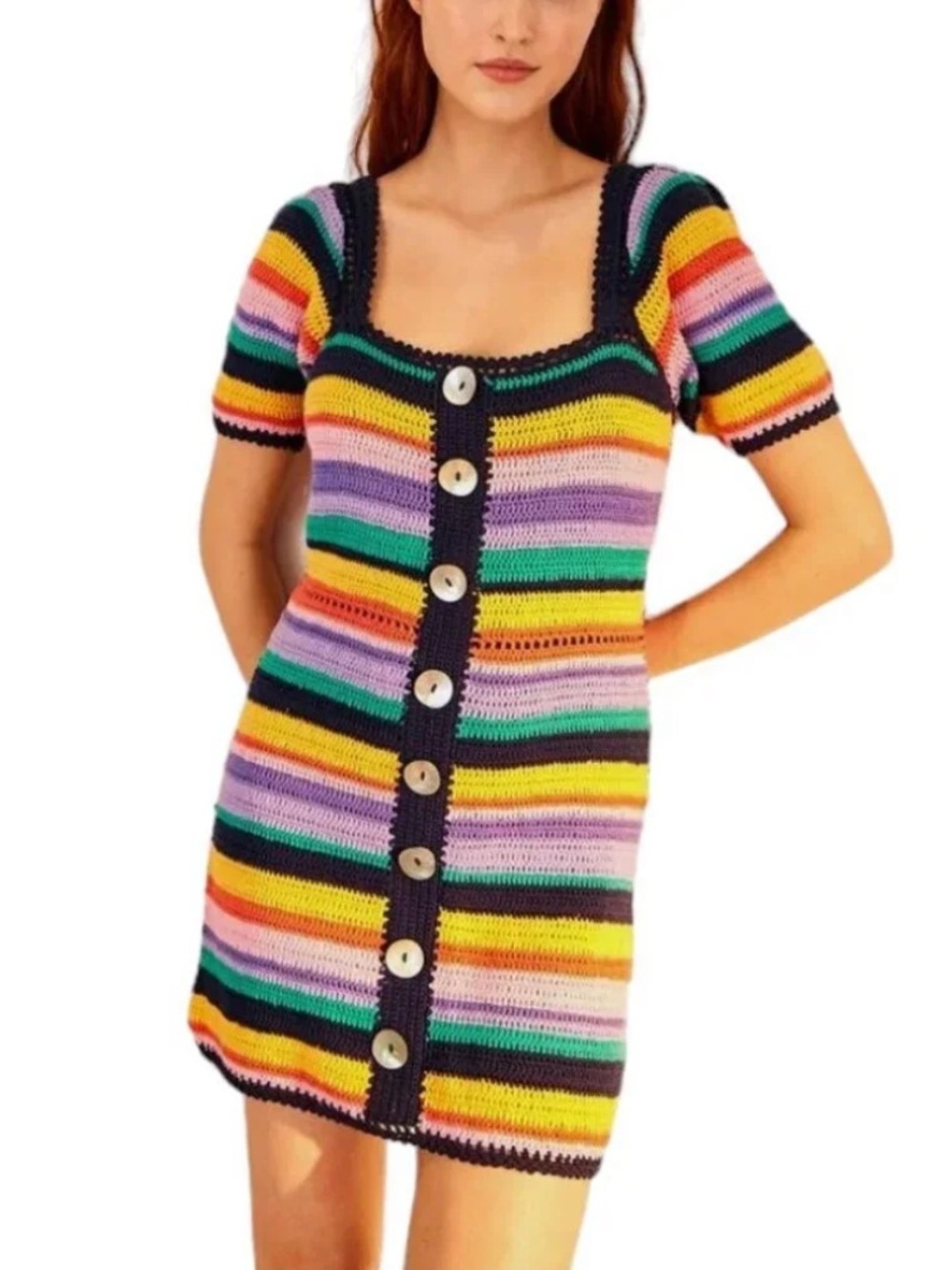 FARM Rio Colorful Striped Crochet Mini Dress with Navy Trim - Picture 2 of 8